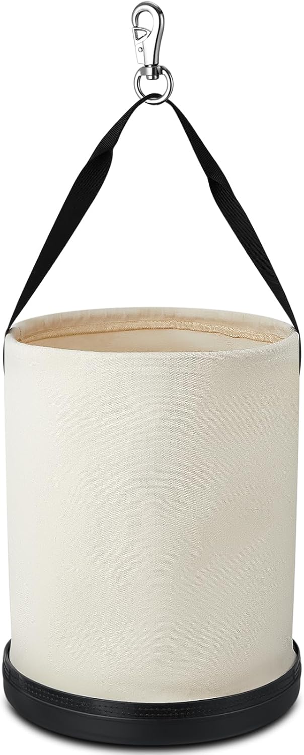 Utility Canvas Bucket 15"x12" - Foldable Tool Bag with Plastic Bottom and Metal Hook